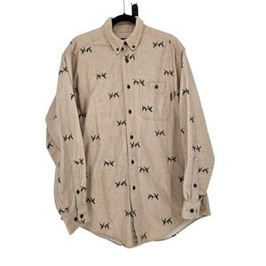 Woolrich Button Down Shirt XL Cotton Chamois Beige AOP Duck Geese Casual Outdoor